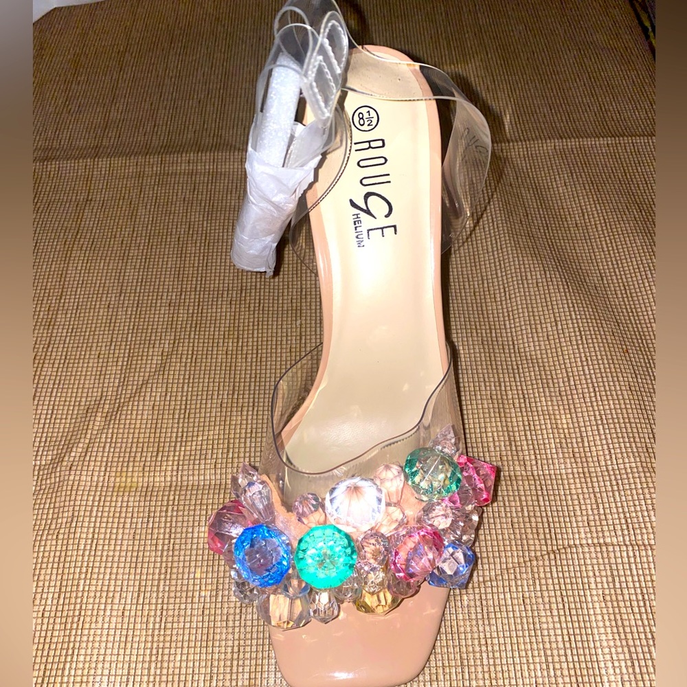 Chunky heel crystal design strap buckle heels